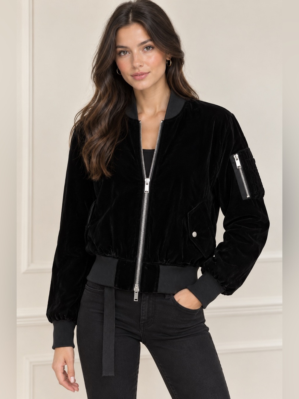 Ben Travertine Unravel Project Black Velvet Bomber Jacket